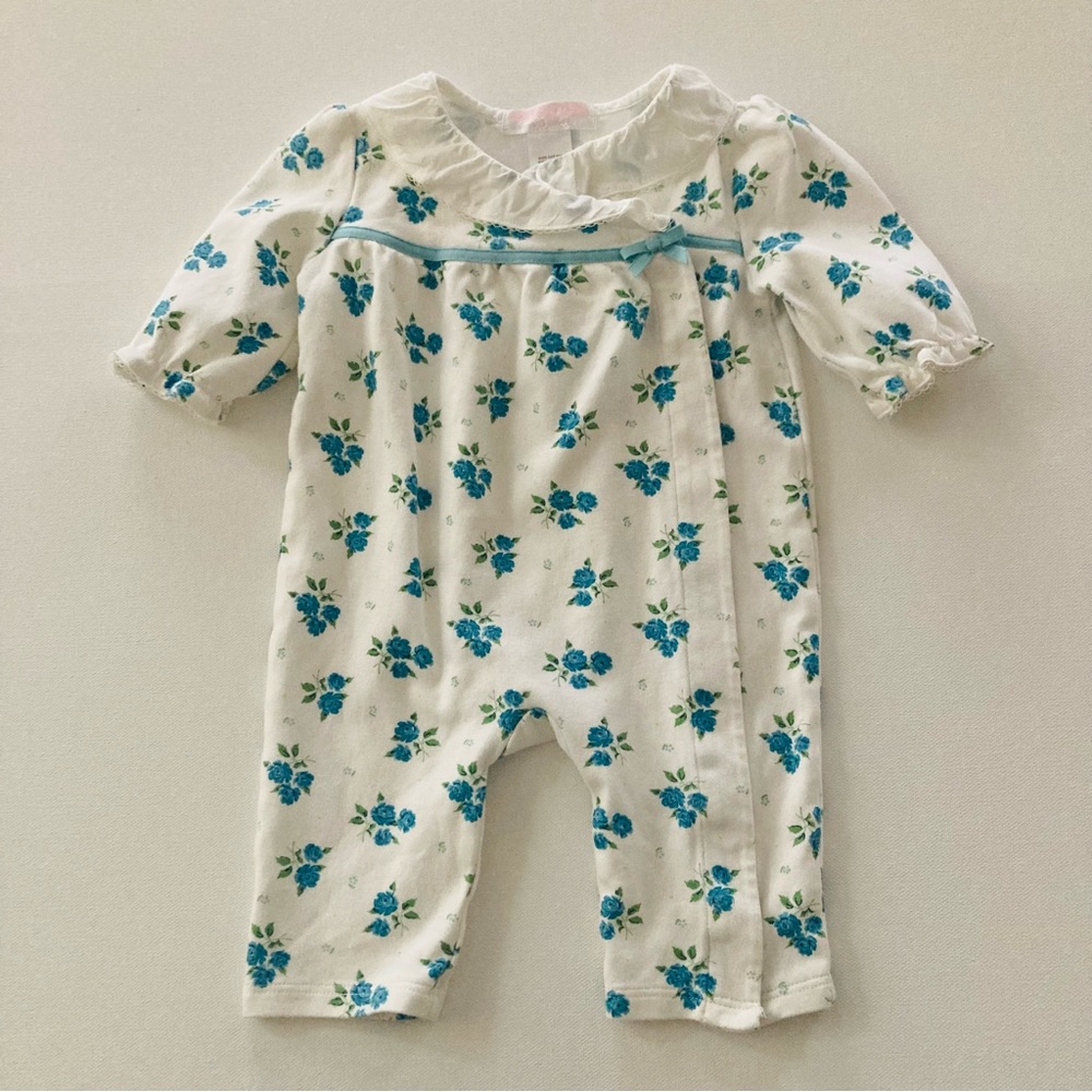 Janie and Jack Baby Girl 0-3 Months Floral Romper Blue White Ruffle